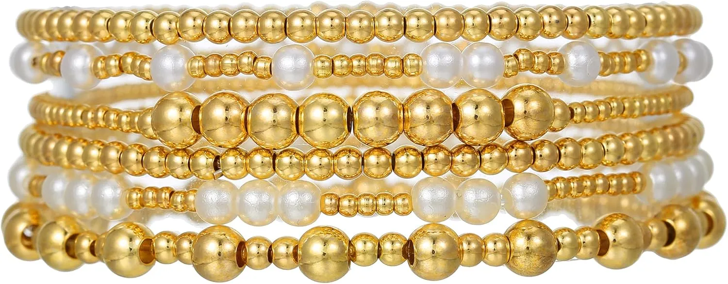Gold Bracelets for Women 14K Gold Plated Beaded Non Tarnish Bracelets Stretch Bead Ball Bracelet Stack Set Jewelry for Gifts