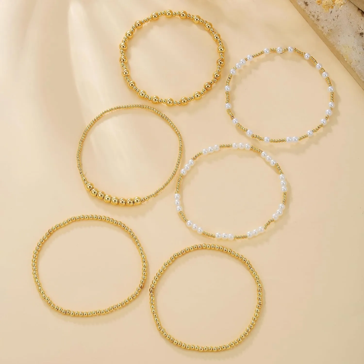 Gold Bracelets for Women 14K Gold Plated Beaded Non Tarnish Bracelets Stretch Bead Ball Bracelet Stack Set Jewelry for Gifts
