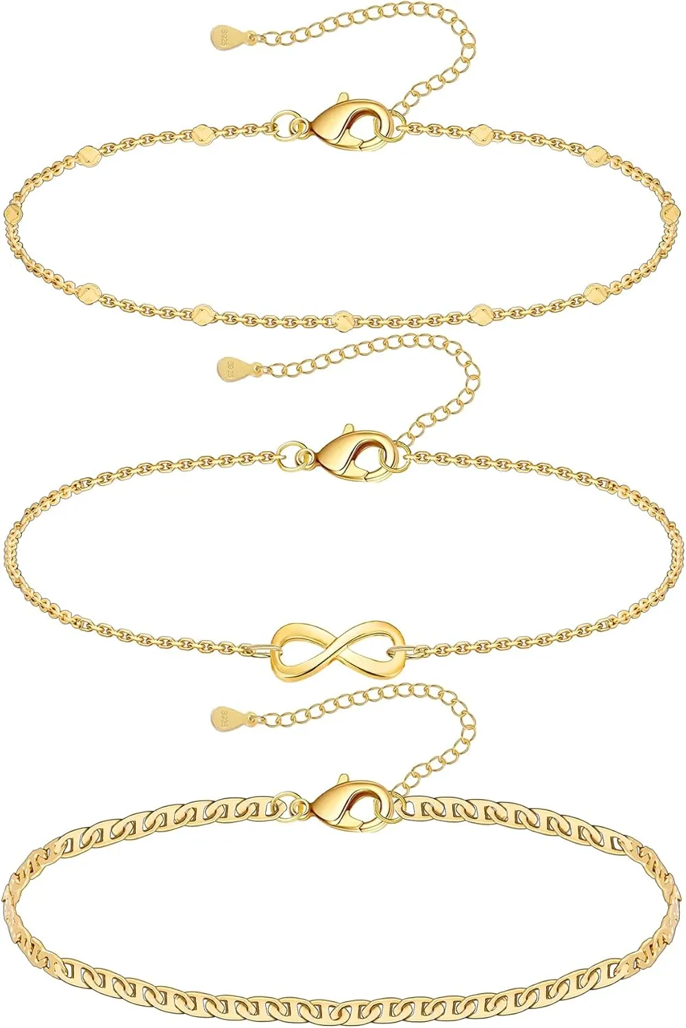Gold Infinity Ankle Bracelets for Women Waterproof,14K Gold Plated Flat Marina Link Anklets Set Non Tarnish, Adjustable Layered Endless Anklet Beach Jewelry