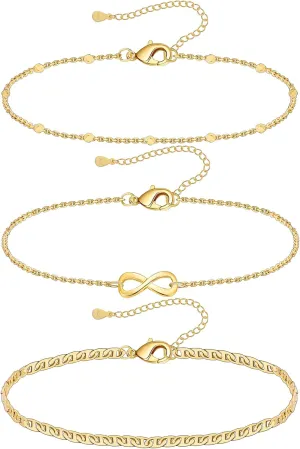 Gold Infinity Ankle Bracelets for Women Waterproof,14K Gold Plated Flat Marina Link Anklets Set Non Tarnish, Adjustable Layered Endless Anklet Beach Jewelry