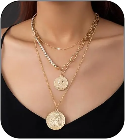 Gold Pirate Necklace for Women Layered Chunky Chain Choker Necklaces Pirate Jewelry 80s 90s Retro Coin Pendant Statement Necklace Pirate Costume Accessories for Halloween