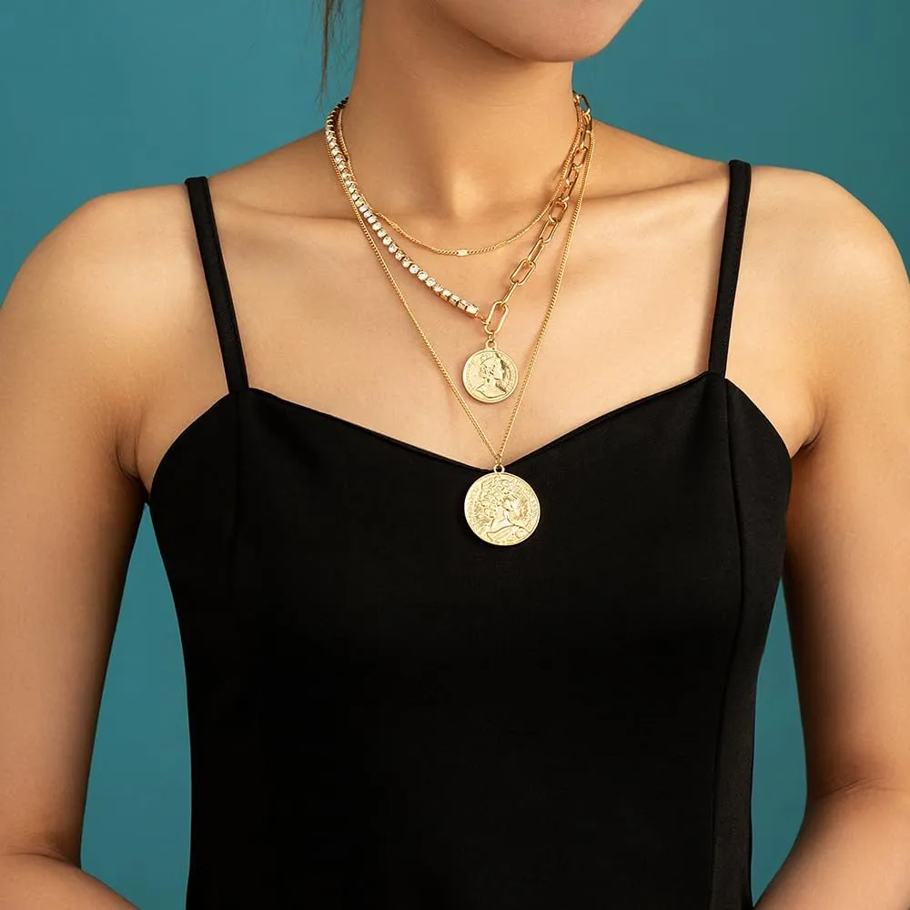 Gold Pirate Necklace for Women Layered Chunky Chain Choker Necklaces Pirate Jewelry 80s 90s Retro Coin Pendant Statement Necklace Pirate Costume Accessories for Halloween