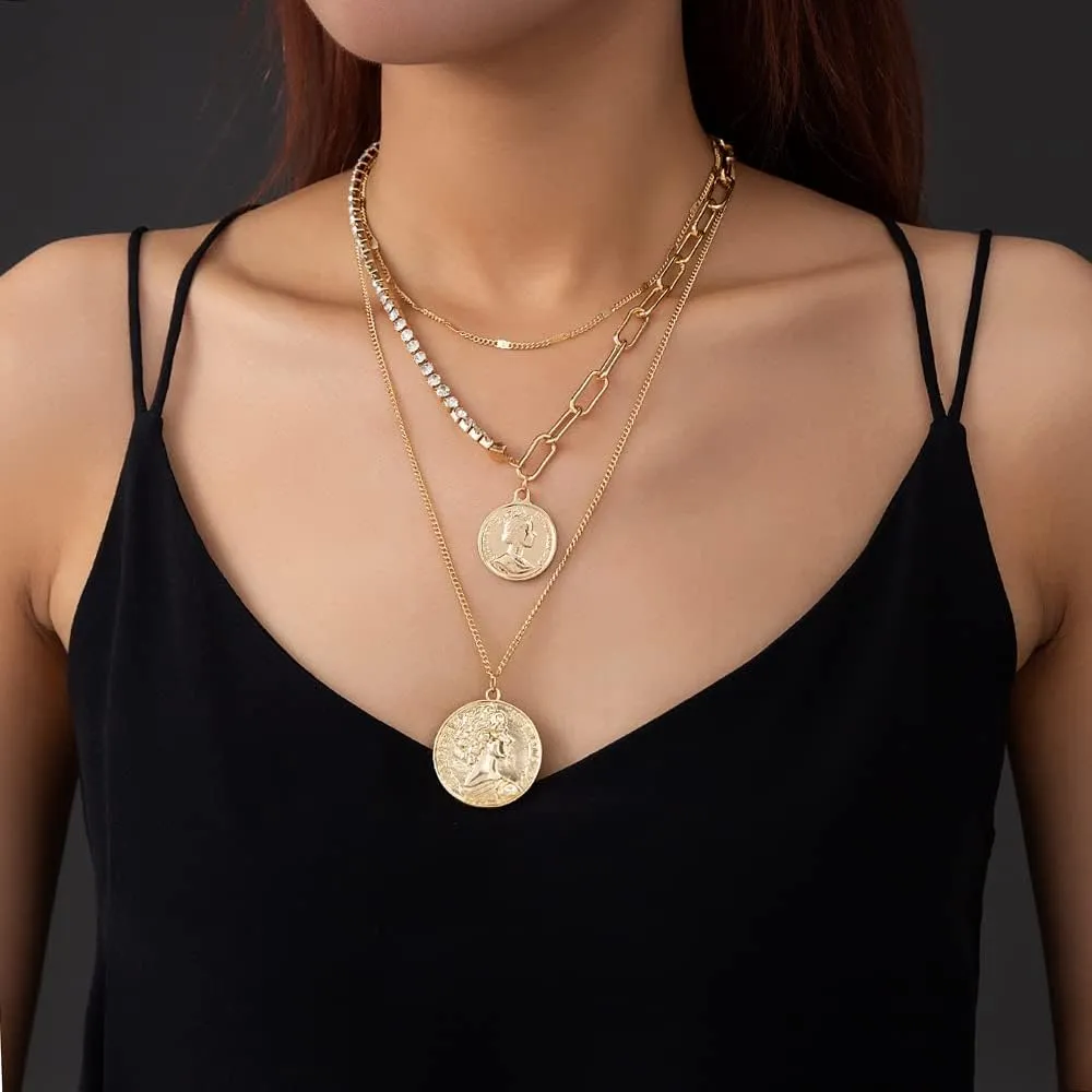 Gold Pirate Necklace for Women Layered Chunky Chain Choker Necklaces Pirate Jewelry 80s 90s Retro Coin Pendant Statement Necklace Pirate Costume Accessories for Halloween