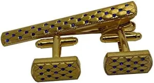 Gold Plated Brass Tie Clip and Cufflinks Set with Blue Crystals, Gift Box Included