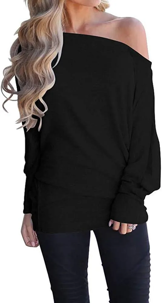 GOLDSTITCH Women's Off Shoulder Tops Casual Loose Batwing Sleeve Shirts Tunic Knit Oversized Pullover Sweater
