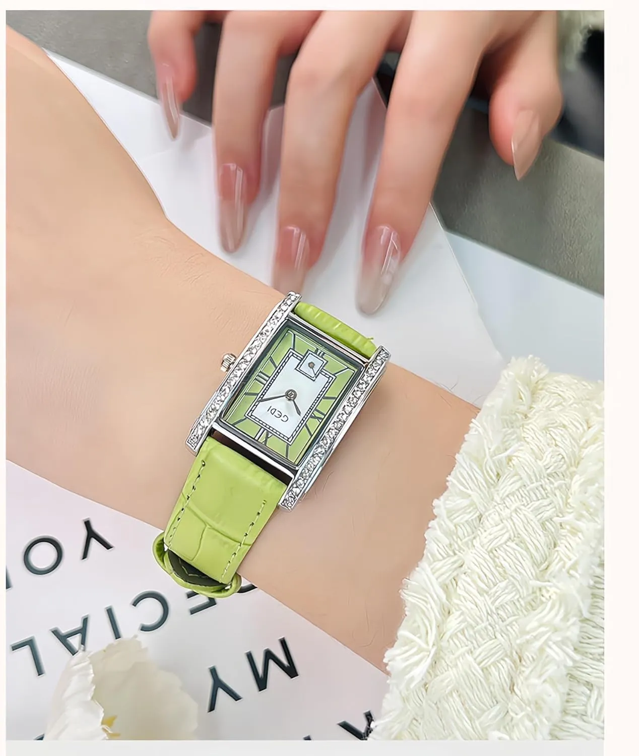 Gosasa Elegant Women's Rectangular Dress Watch with Crystal Diamond Case Minimalist Roman Dial Fashion Casual Waterproof Ladies Quartz Watch Soft Leather Strap