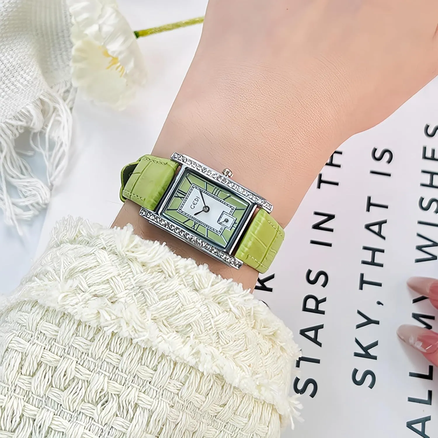 Gosasa Elegant Women's Rectangular Dress Watch with Crystal Diamond Case Minimalist Roman Dial Fashion Casual Waterproof Ladies Quartz Watch Soft Leather Strap