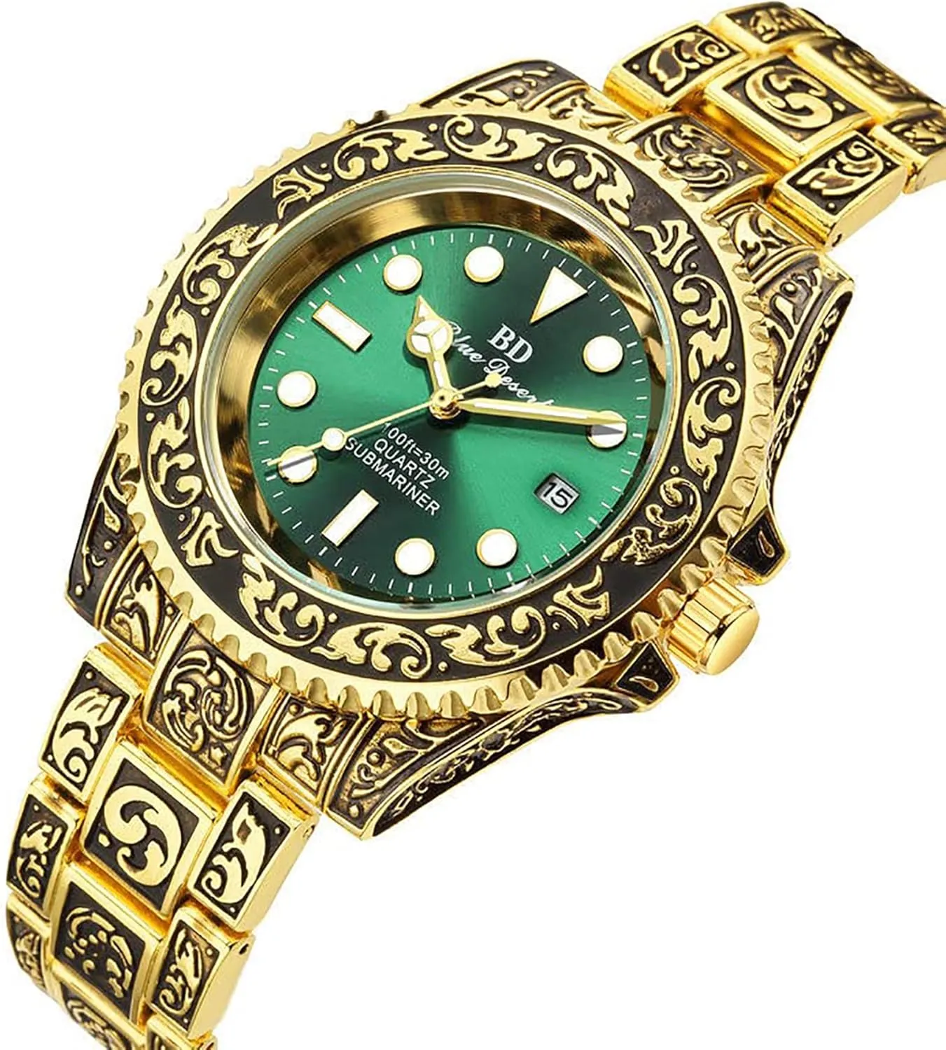 Gosasa Retro 3D Carving Men Watches Stainless Steel Analog Quartz Dress Business Wristwatch Luminous Date Waterproof Watches for Men