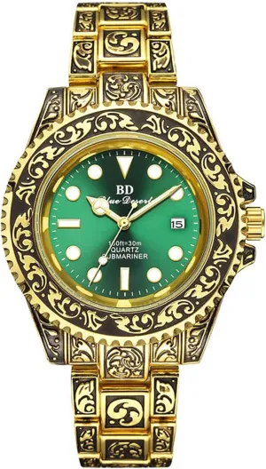 Gosasa Retro 3D Carving Men Watches Stainless Steel Analog Quartz Dress Business Wristwatch Luminous Date Waterproof Watches for Men