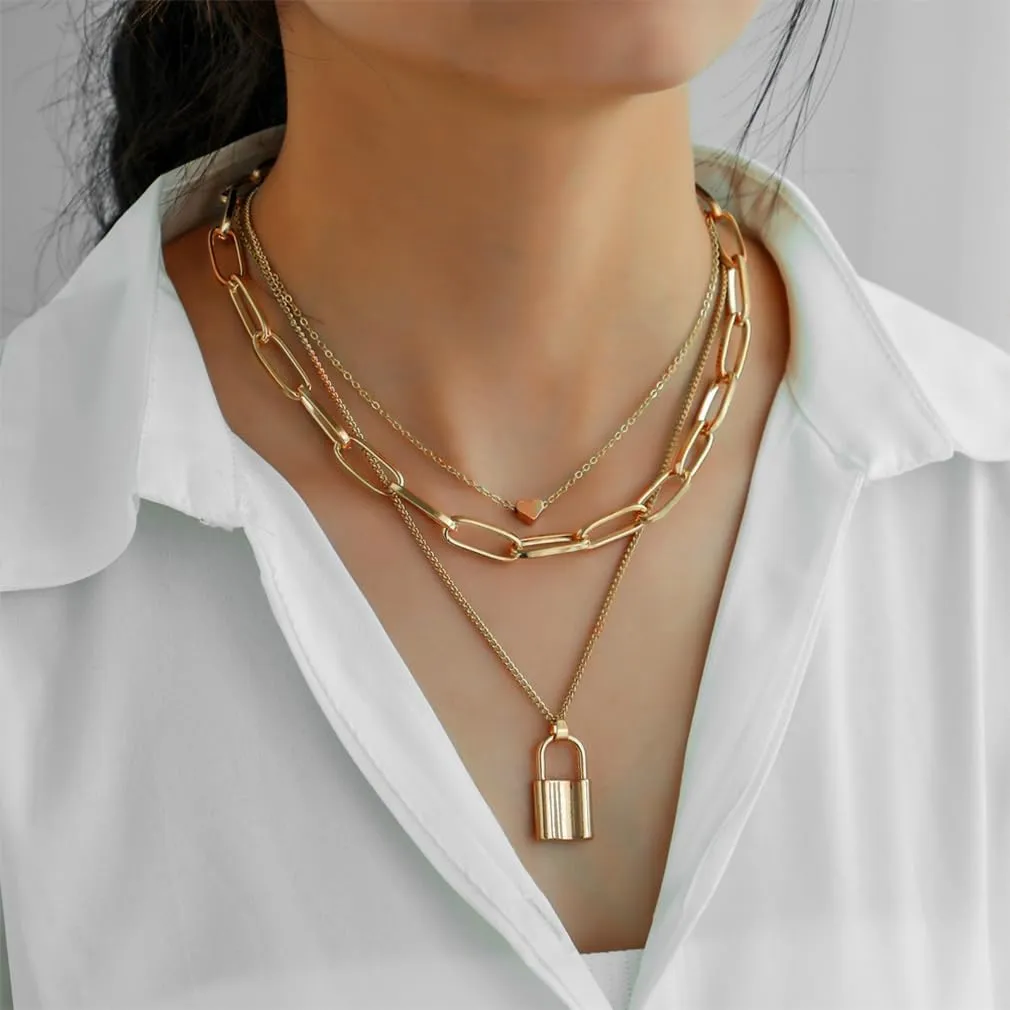 Gothic Black Layered Y2k Jewelry Set for Women Dainty Gold Stack Paperclip Chain Choker Lock Grunge Necklace Trendy Goth Statement Necklaces Accessories