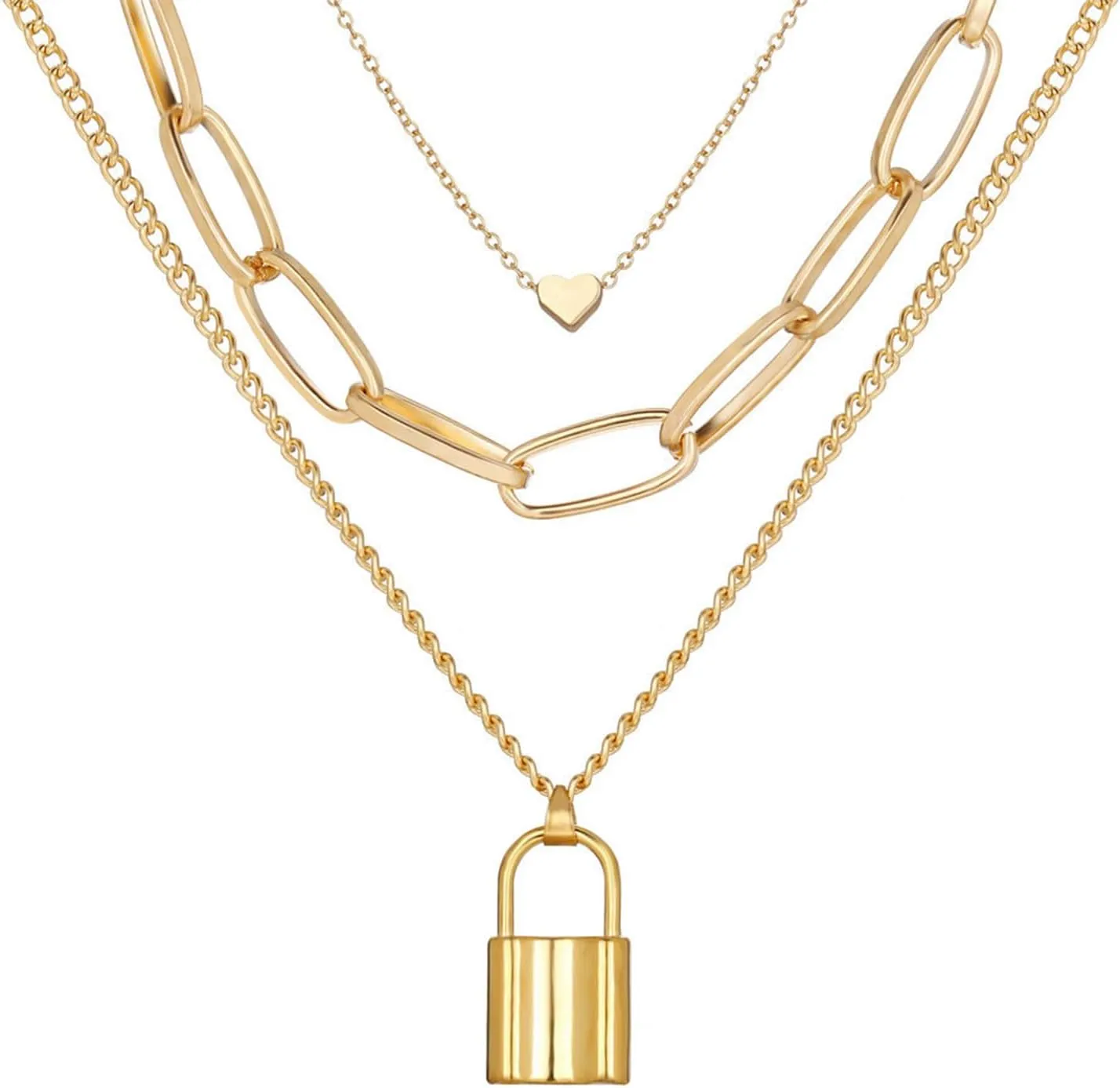 Gothic Black Layered Y2k Jewelry Set for Women Dainty Gold Stack Paperclip Chain Choker Lock Grunge Necklace Trendy Goth Statement Necklaces Accessories