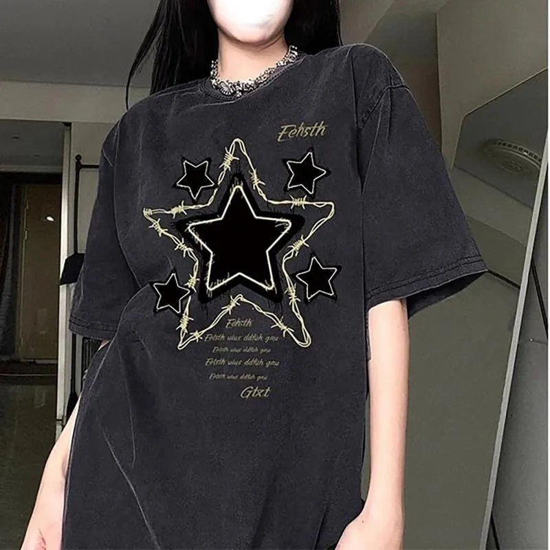 Graphic Tees Y2k for Women Men Baggy Star Shirt Grunge Summer Casual Tops Goth Embroidery Oversized Aesthetic Clothes