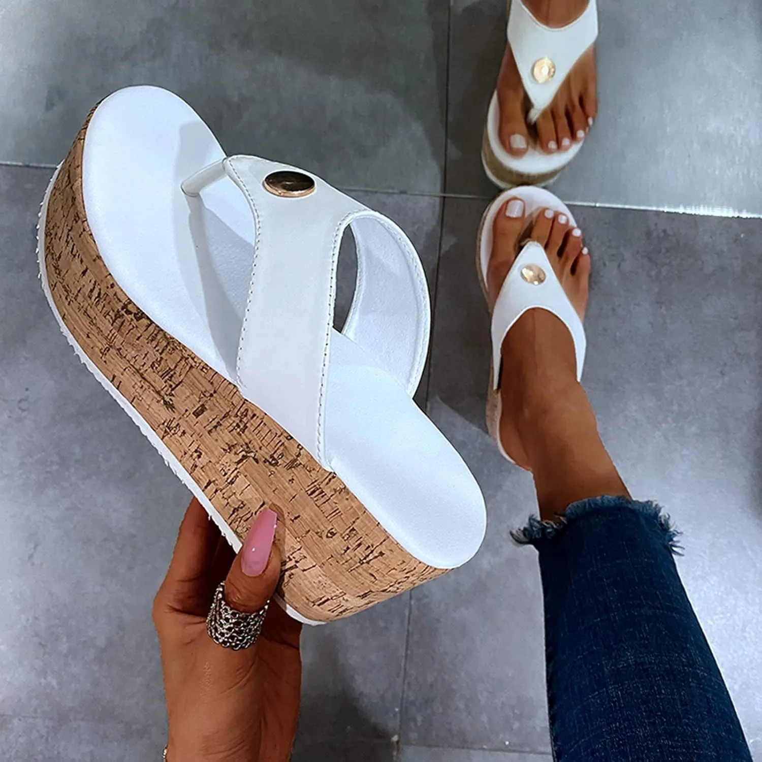 GUNIYIFS Womens platform Beach Slippers Wedge Heel Shoes Slip on Cork Sandals Summer High Heeled for Women Sandals Flip Flops