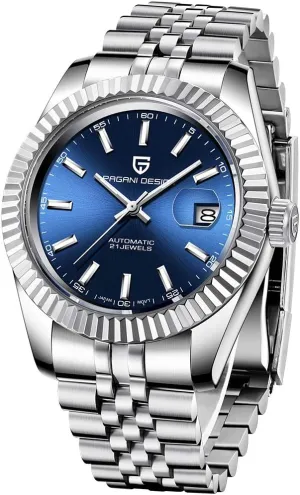 HaiQin Pagani Design Automatic Mens Watches Luxury Two Tone Stainless Steel Waterproof Wrist Watch for Men Casual Analogue Mechanical Wristwatch (Blue)