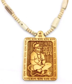 Handmade Wooden Lord Hanuman Pendant with Tulsi Beads Mala Necklace, Indian Religious Jewelry (T2 hanuman)