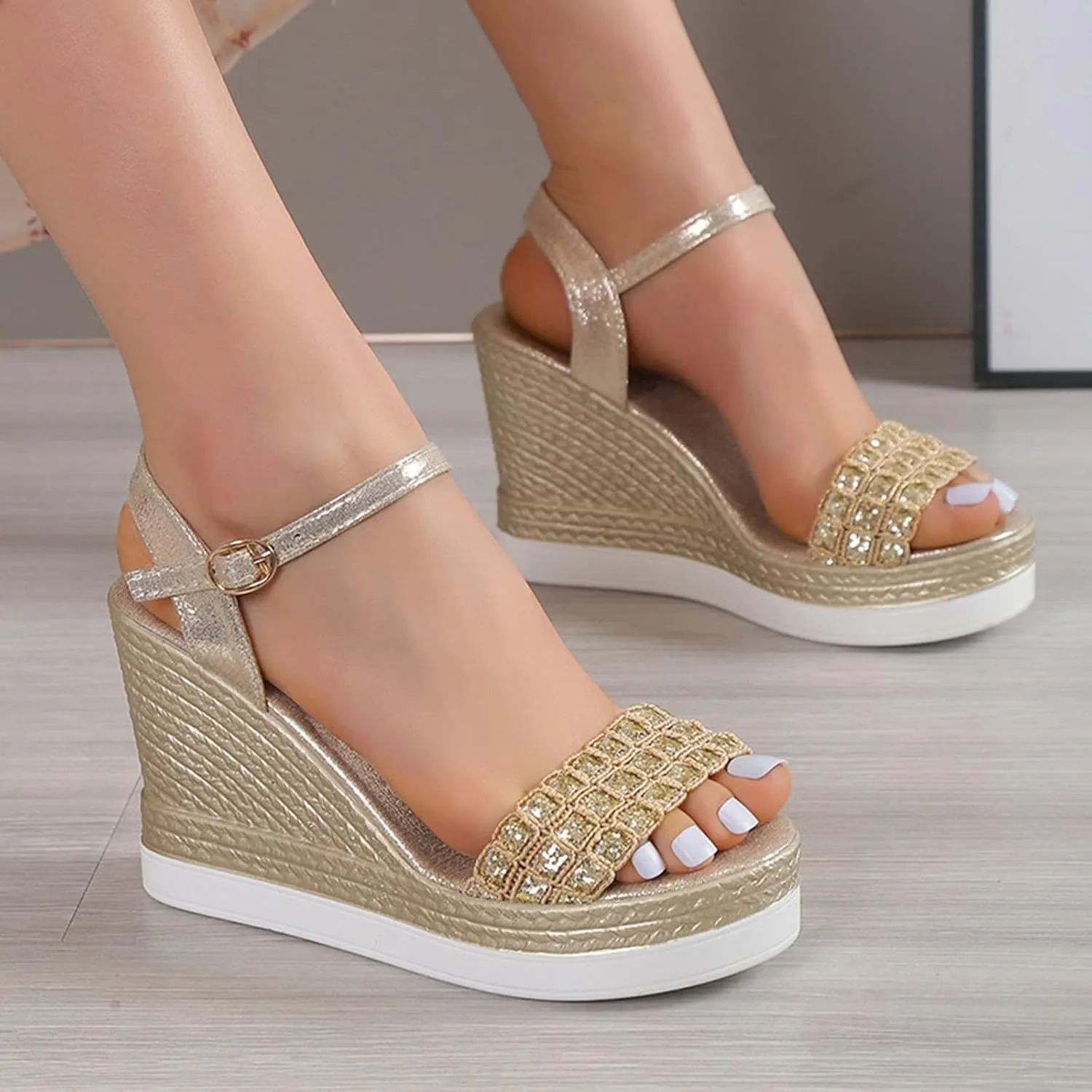 Hbeylia Orthopedic High Heel Sandals for Women Summer Dressy Open Toe Ankle Strap Platform Wedge Chunky Bottom Sandals Casual Anti-Slip Sandals Comfortable Dress Shoes