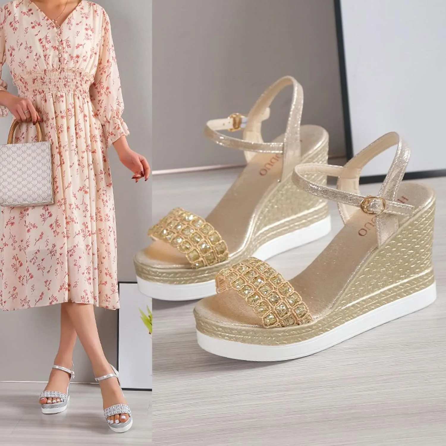 Hbeylia Orthopedic High Heel Sandals for Women Summer Dressy Open Toe Ankle Strap Platform Wedge Chunky Bottom Sandals Casual Anti-Slip Sandals Comfortable Dress Shoes