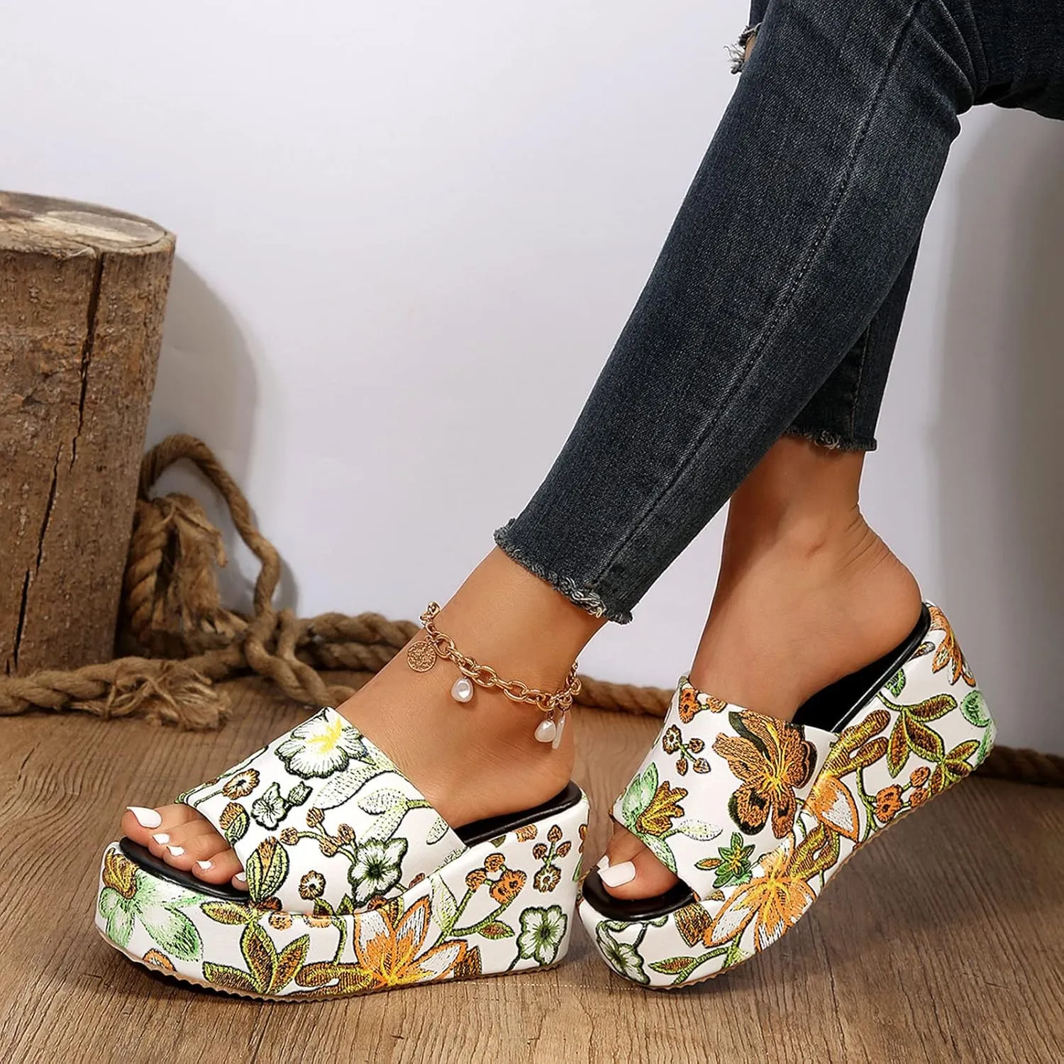 Hbeylia Orthopedic Wedge Slides for Women Retro Enthic Platform Peep Toe Chunky Bottom High Heels Womens Wedge Sandals Concise Casual Summer Comfortable Beach Walking Shoes Slippers