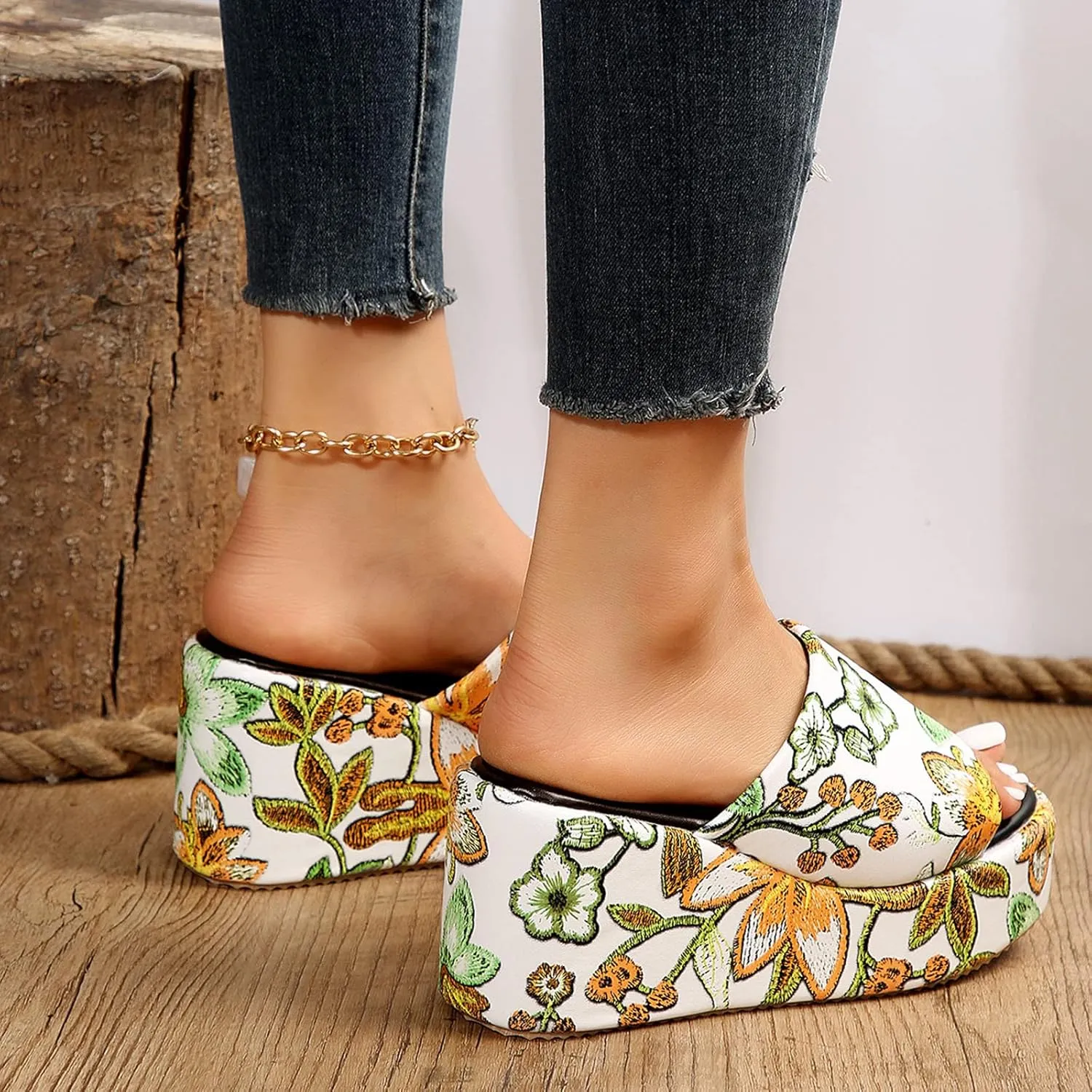 Hbeylia Orthopedic Wedge Slides for Women Retro Enthic Platform Peep Toe Chunky Bottom High Heels Womens Wedge Sandals Concise Casual Summer Comfortable Beach Walking Shoes Slippers