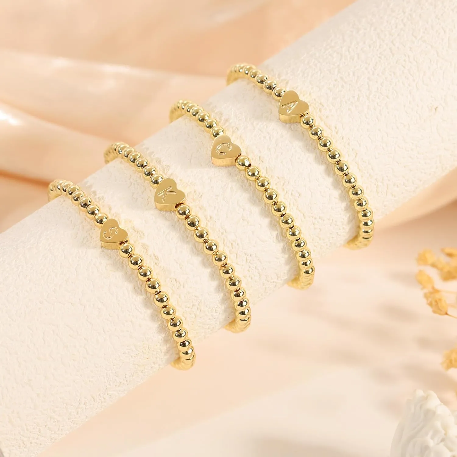 Heart Initial Bracelets for Women Girls - 14K Gold Plated Letter Initial Bracelet Beaded Heart Bracelets for Women Trendy Kids Teen Girl Gifts rendy Stuff Gold Jewelry