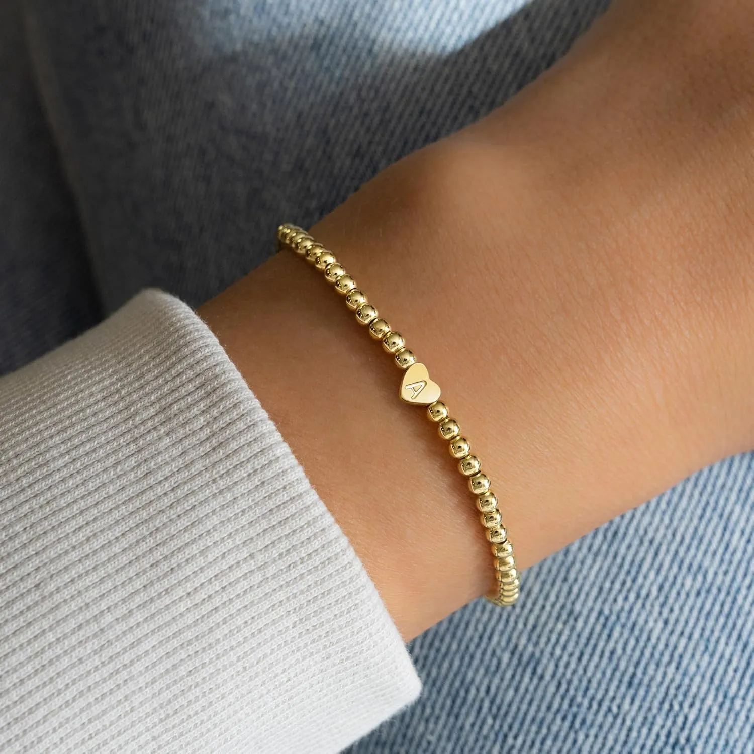 Heart Initial Bracelets for Women Girls - 14K Gold Plated Letter Initial Bracelet Beaded Heart Bracelets for Women Trendy Kids Teen Girl Gifts rendy Stuff Gold Jewelry