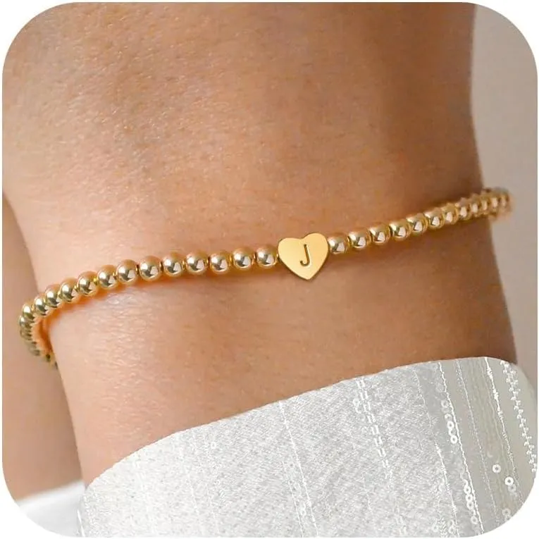 Heart Initial Bracelets for Women Girls - 14K Gold Plated Letter Initial Bracelet Beaded Heart Bracelets for Women Trendy Kids Teen Girl Gifts rendy Stuff Gold Jewelry