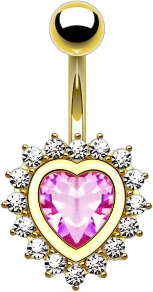Heart Shape CZ 14k Gold Rose Gold Surgical Steel Navel Belly Ring 14g 3/8" Pink Body Unique Jewelry Delicate Design Piercing Steel Surgical For Women