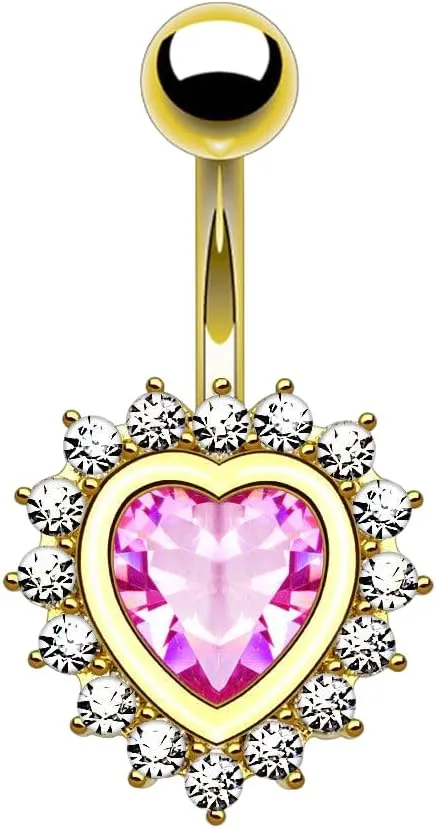 Heart Shape CZ 14k Gold Rose Gold Surgical Steel Navel Belly Ring 14g 3/8" Pink Body Unique Jewelry Delicate Design Piercing Steel Surgical For Women