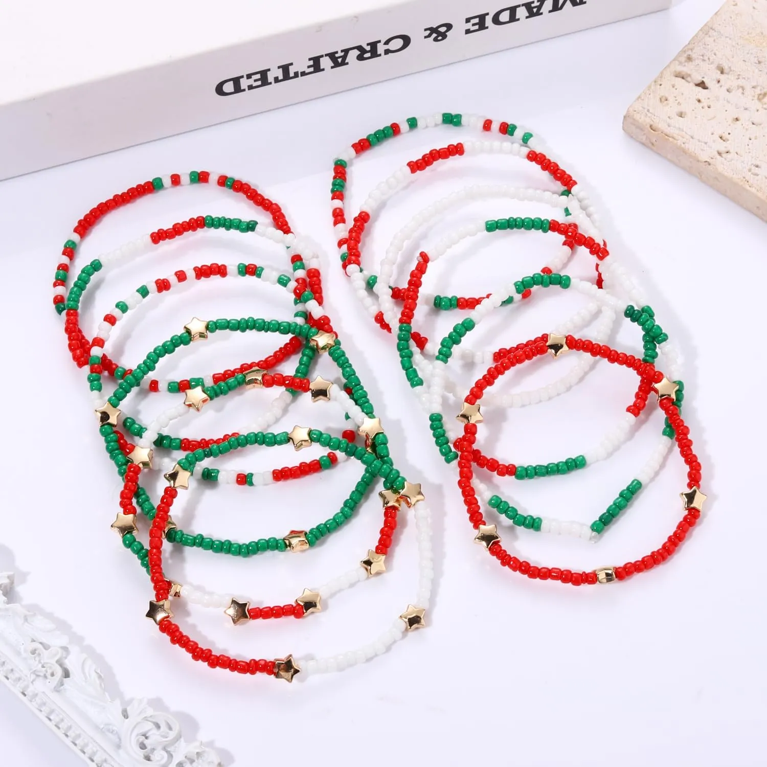 HEIDKRUEGER Bead Stretch Bracelets Independence Colorful Tiny Beaded Stackable Vsco Bracelets Boho Summer Vacation Adjustable Bangle Bracelet for Women Girls 14Pcs