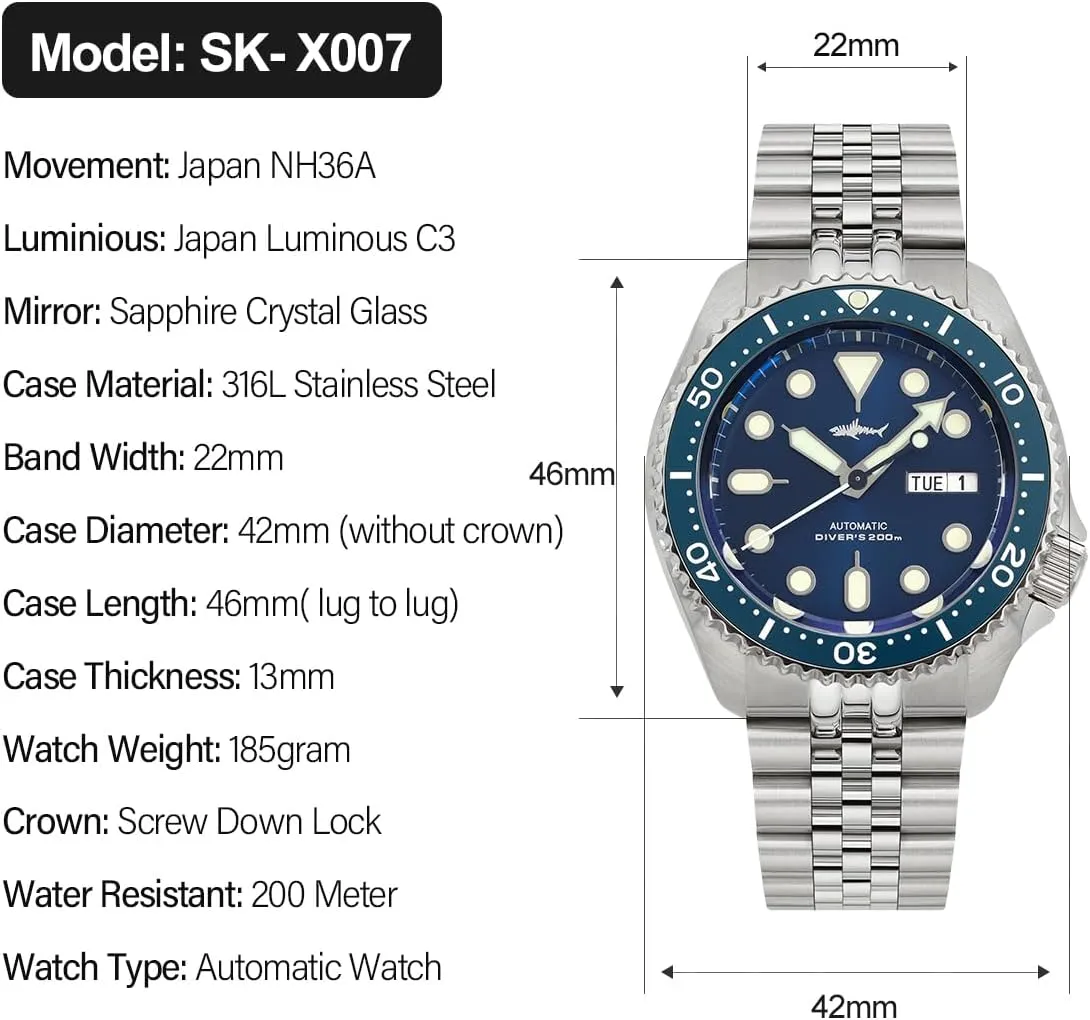 Heimdallr SKX007 Watches for Men, NH36A Movement Sapphire Crystal 200M Diving Automatic Watches C3 Luminous, 42mm Dial