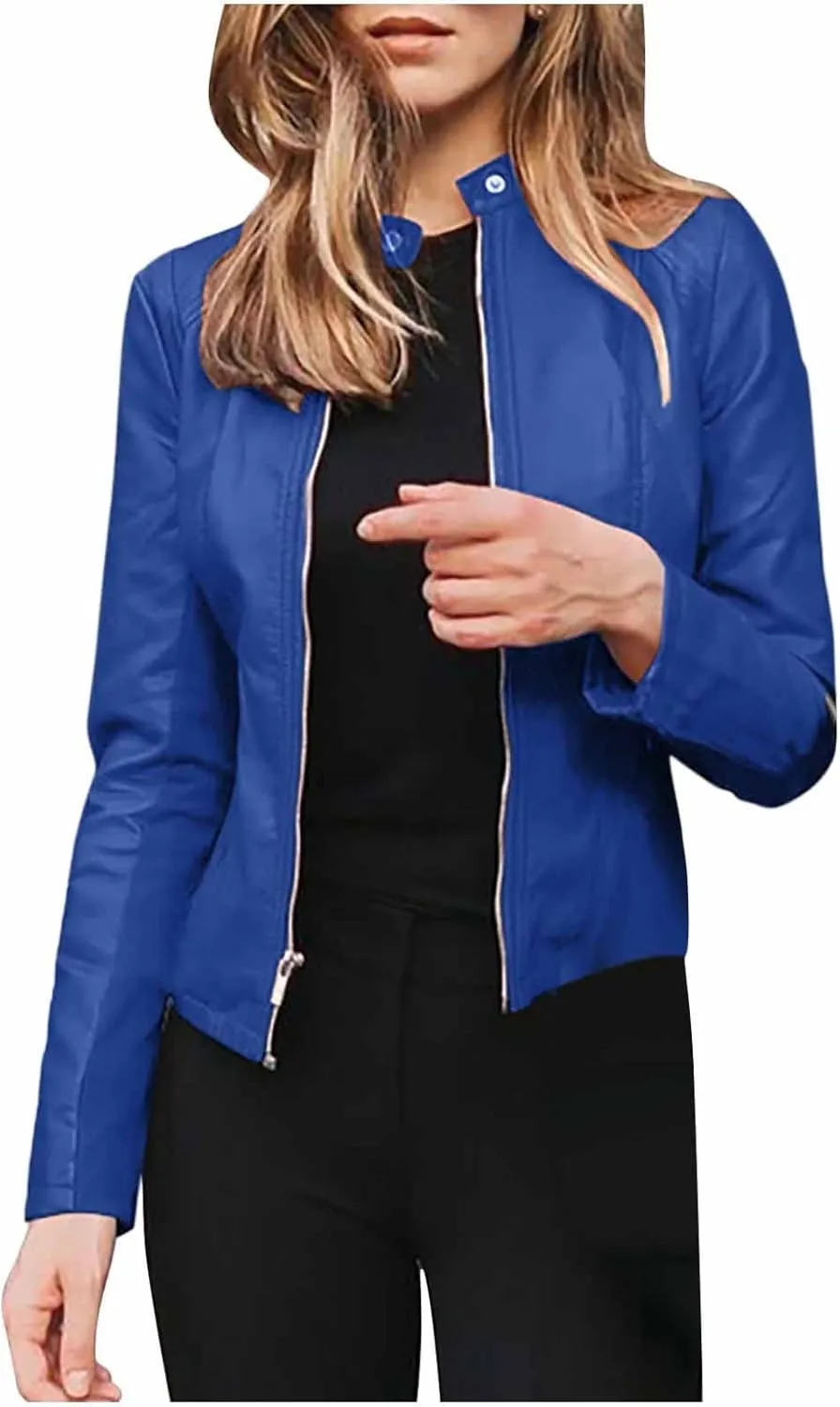 hlysgo Women's Long Sleeve Leather Jacket Full Zip Open Front Short Cardigan Ladies Bomber Jacket Coat Tops