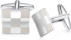 HONEY BEAR Square Lattice Cufflinks for Mens Shirt Steel Wedding Gift Silver