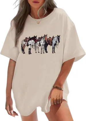 Horse Shirt Oversized Western Rodeo Cowboy Shirts for Women Vintage Country Graphic Tees Summer Cowgirl Outfits