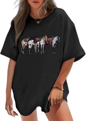 Horse Shirt Oversized Western Rodeo Cowboy Shirts for Women Vintage Country Graphic Tees Summer Cowgirl Outfits