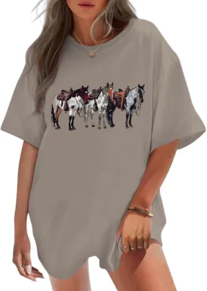 Horse Shirt Oversized Western Rodeo Cowboy Shirts for Women Vintage Country Graphic Tees Summer Cowgirl Outfits