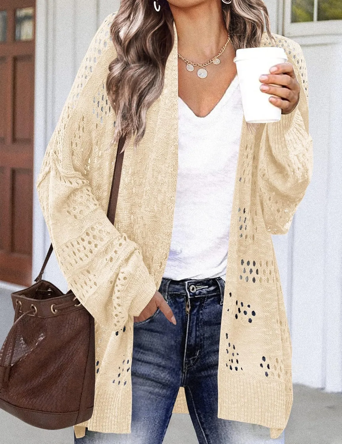 HOTOUCH Lightweight Crochet Cardigan for Women Long Sleeve Open Front Knit Oversized Cardigans Sweaters