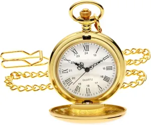 I-MART Smooth Vintage Pocket Watch with Chain, Classic Alloy Pocket Watches for Men Women, 1920s Style Quartz Pocketwatch, 1.78" Diameter