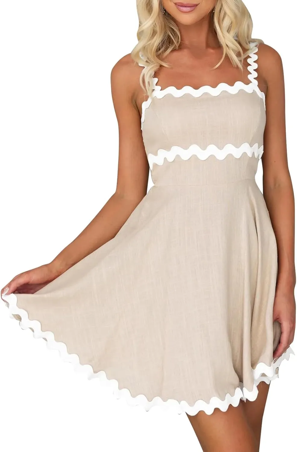 IDOPIP Women Summer Boho Mini Dress Smocked Empire Waist Rickrack Trim Flowy Sundress Spaghetti Straps A-Line Swing Dress
