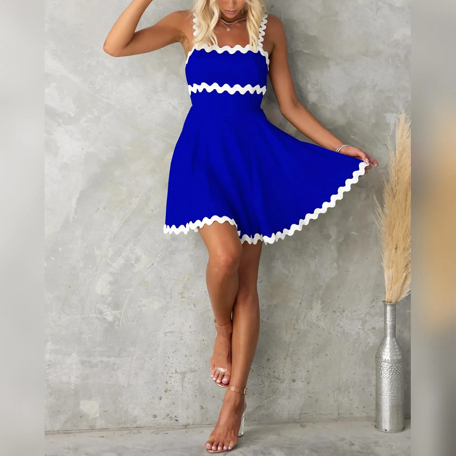IDOPIP Women Summer Boho Mini Dress Smocked Empire Waist Rickrack Trim Flowy Sundress Spaghetti Straps A-Line Swing Dress