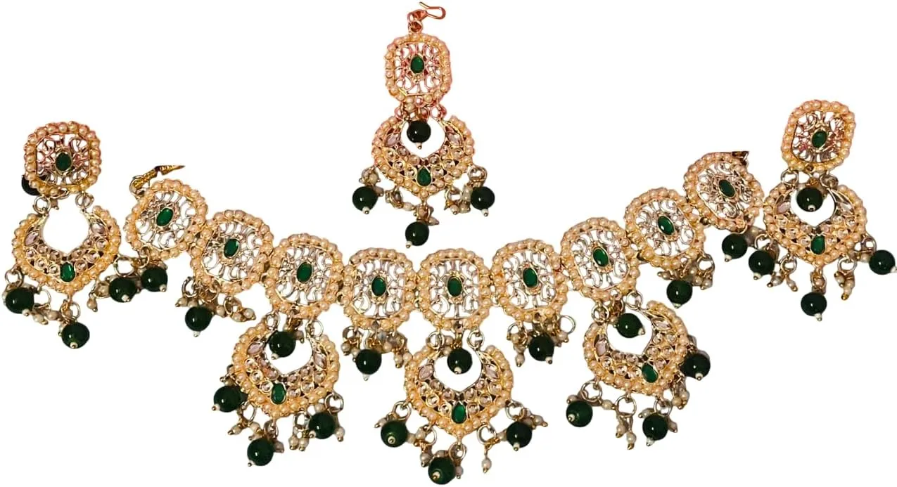 Indian Jewelry Sets for Women Bollywood Necklace Earring Wedding high Fashion Victorian Formal Style Jewellery desi Artificial Imitation joyeria Rhinestone in Antique Gold or White Tone