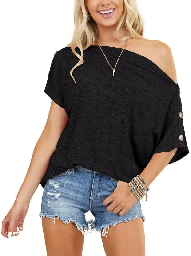 INFITTY Womens Off Shoulder Tops Casual Summer Loose Button Down Short Sleeve Shirt Tunic Blouse