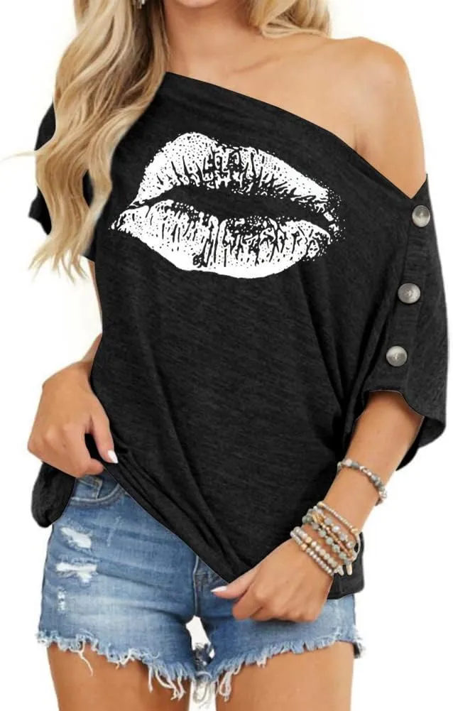 INFITTY Womens Off Shoulder Tops Casual Summer Loose Button Down Short Sleeve Shirt Tunic Blouse