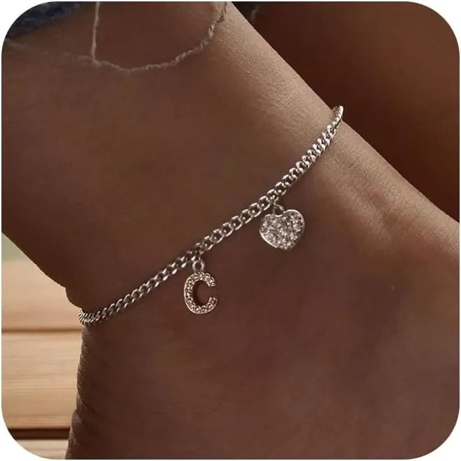 Initial Ankle Bracelets for Women Silver Plated Dainty Cuba Thin Chain Letter Name Anklets Cubic Zirconia Heart Anklets Bracelets Waterproof Minimalist Simple Anklets Fashion Summer Jewelry Anklet For Women