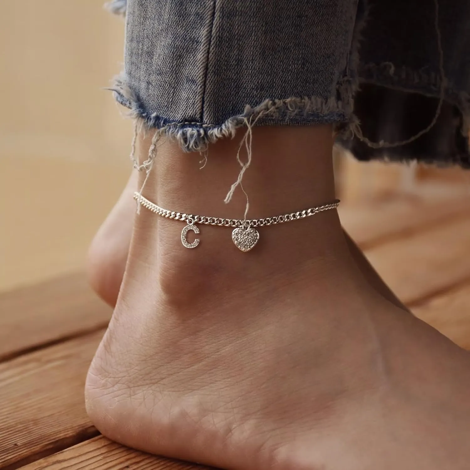 Initial Ankle Bracelets for Women Silver Plated Dainty Cuba Thin Chain Letter Name Anklets Cubic Zirconia Heart Anklets Bracelets Waterproof Minimalist Simple Anklets Fashion Summer Jewelry Anklet For Women
