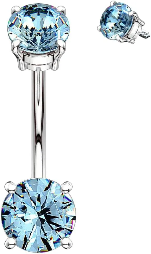 Internally Threaded 7mm and 9mm Prong Set CZ Belly Navel Ring 14g 3/8" 7mm Aqua Body Unique Jewelry Delicate Design Piercing Steel Surgical For Women