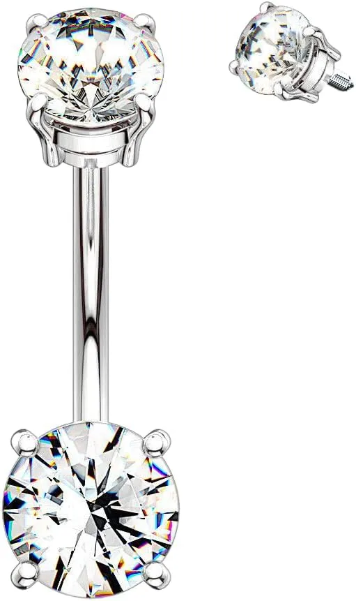 Internally Threaded 7mm and 9mm Prong Set CZ Belly Navel Ring 14g 3/8" 7mm Silver Body Unique Jewelry Delicate Design Piercing Steel Surgical For Women