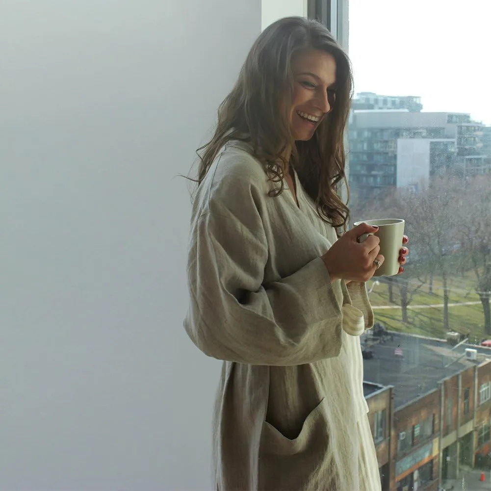 IPPINKA Pure Linen Bathrobe, Moisture Wicking & Lightweight, Natural Grey