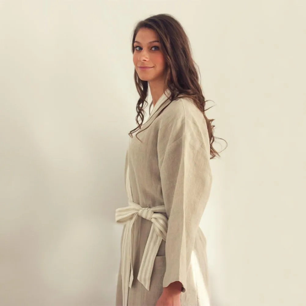 IPPINKA Pure Linen Bathrobe, Moisture Wicking & Lightweight, Natural Grey