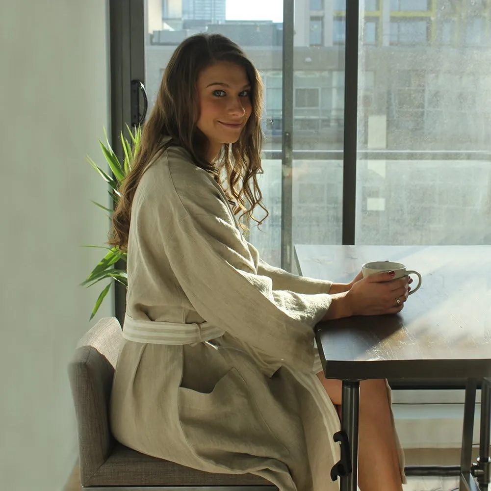 IPPINKA Pure Linen Bathrobe, Moisture Wicking & Lightweight, Natural Grey