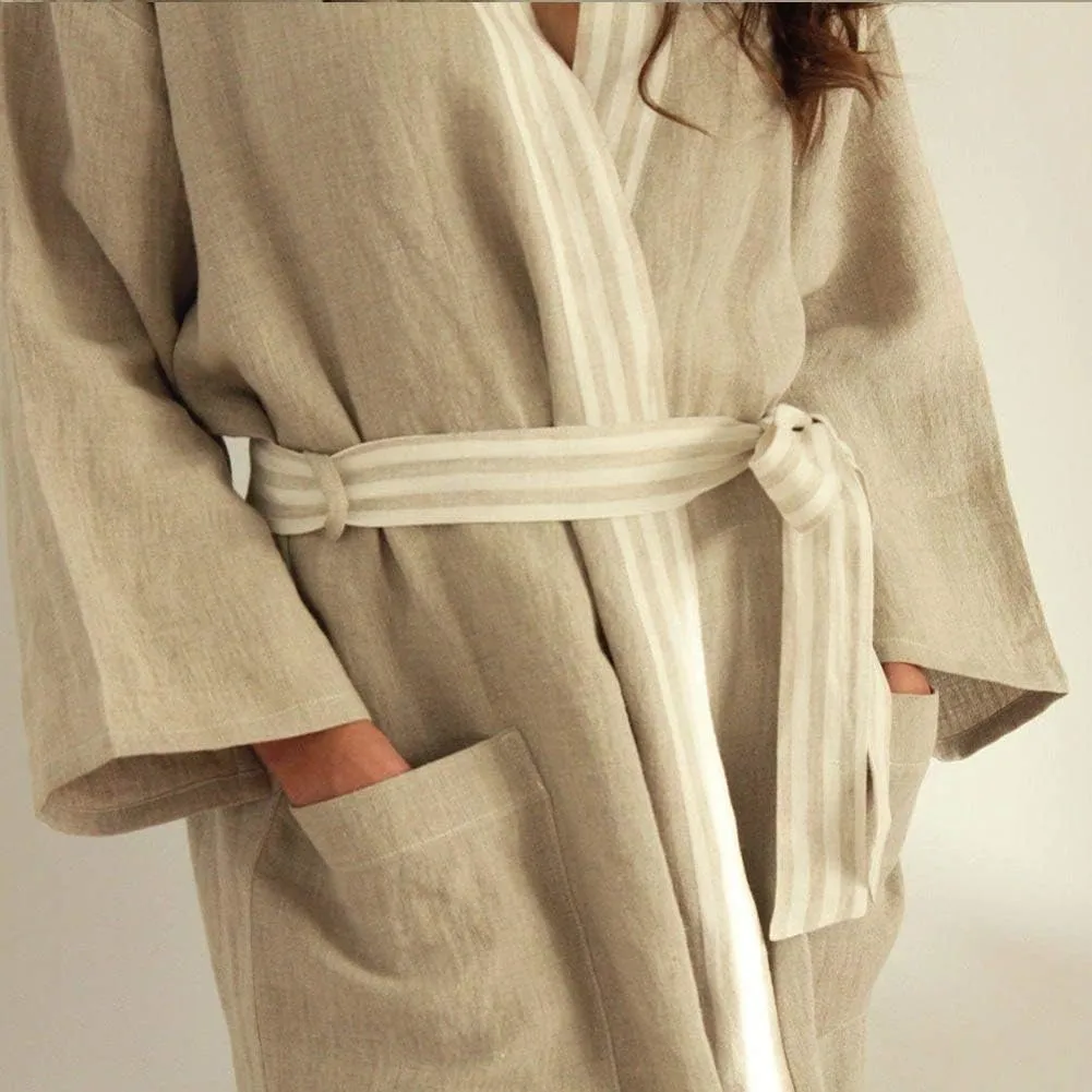 IPPINKA Pure Linen Bathrobe, Moisture Wicking & Lightweight, Natural Grey